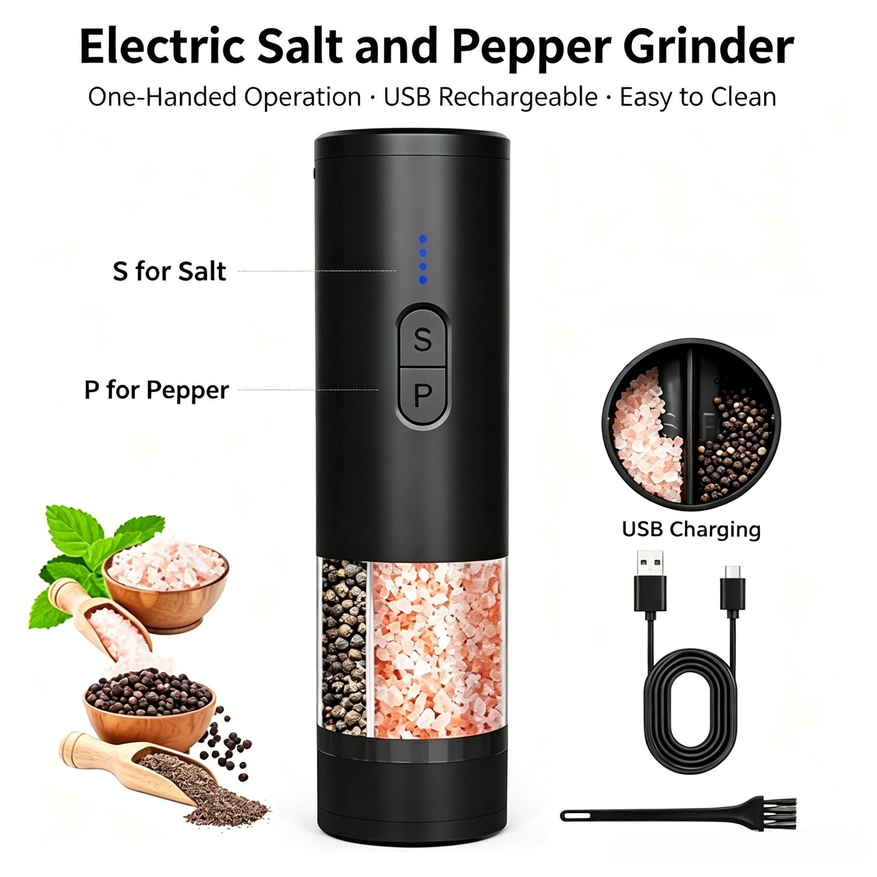 Popcorn Seasoning Salt Butter - 充電式ペッパーグラインダー、LEDライト付き、粗さ調整可能、片手で調理できるように設計、家庭やキッチンに最適