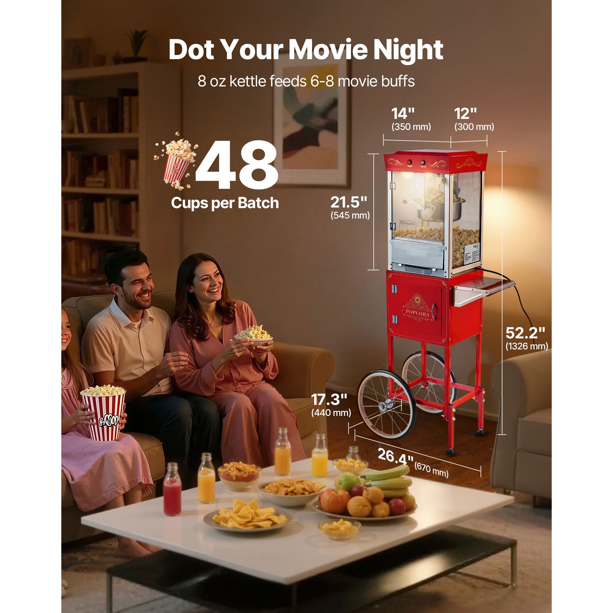 Commercial Popcorn Machine 8Oz Kettle - カート付きポップコーンマシン、8オンスステンレススチール製ケトル、800W業務用ポップコーンメーカー、1バッチあたり48カップのシアタースタイルポッパー、2ボタン制御ガラス壁PCドア付き、1スクープ3スプーン、赤色
