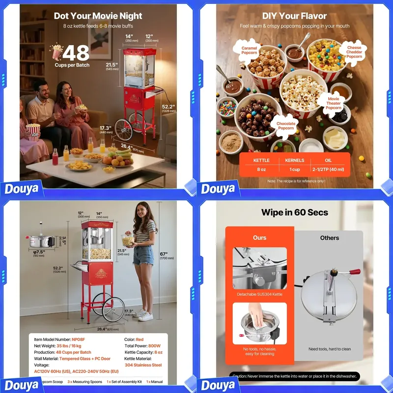 Commercial Popcorn Machine 8Oz Kettle - カート付きポップコーンマシン、8オンスステンレススチールケトル、800W業務用ポップコーンメーカー、1回の製造で48カップ、シアタースタイルポッパー