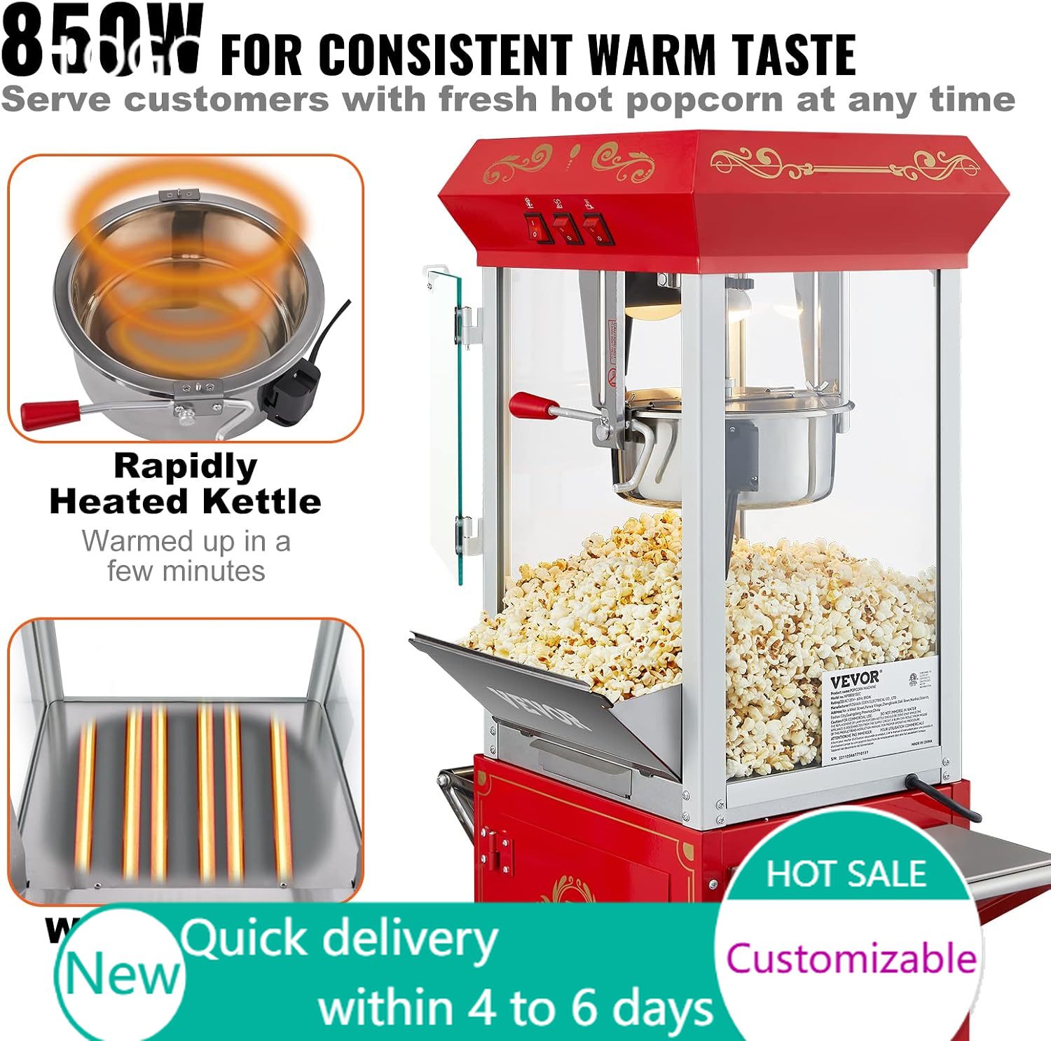 Commercial Popcorn Machine 8Oz Kettle - 業務用ポップコーンマシン、8オンスケトル、850W、車輪付きポップコーンメーカー、1回の製造で48カップ、シアタースタイルポッパー、3スイッチ付き