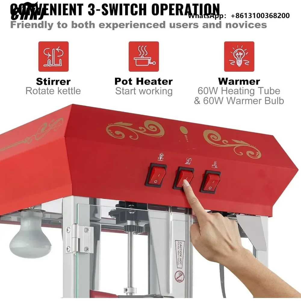 Commercial Popcorn Machine 8Oz Kettle - 業務用ポップコーンマシン、8オンスケトル、850Wカウンタートップポップコーンメーカー、3スイッチ制御、スチールフレーム、強化ガラスドア付き