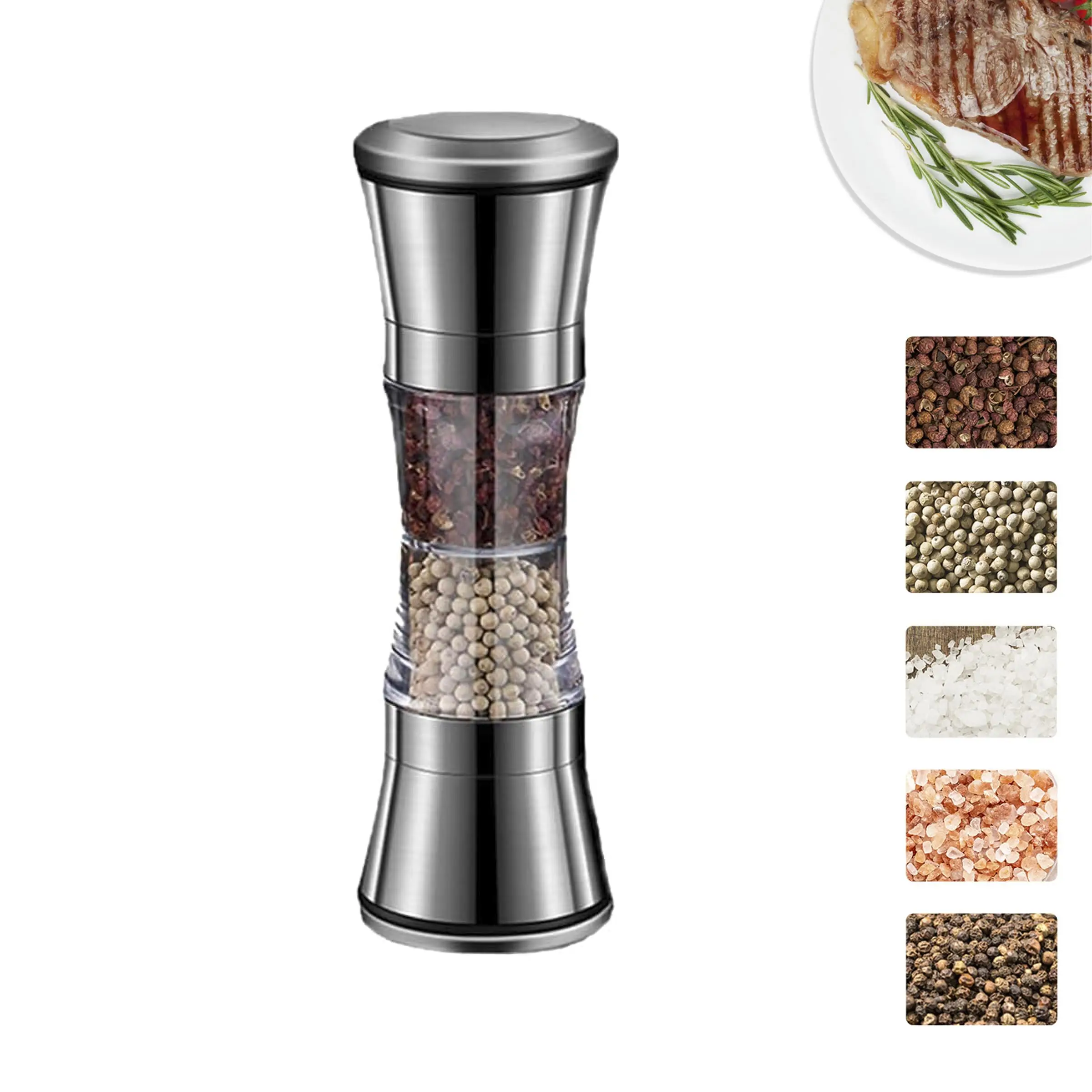 Popcorn Seasoning Salt Butter - 錆びにくいステンレス製、粗さ調整機能付きの2-in-1手動ペッパー＆ソルトミル。キッチン用ダブルヘッドミル。